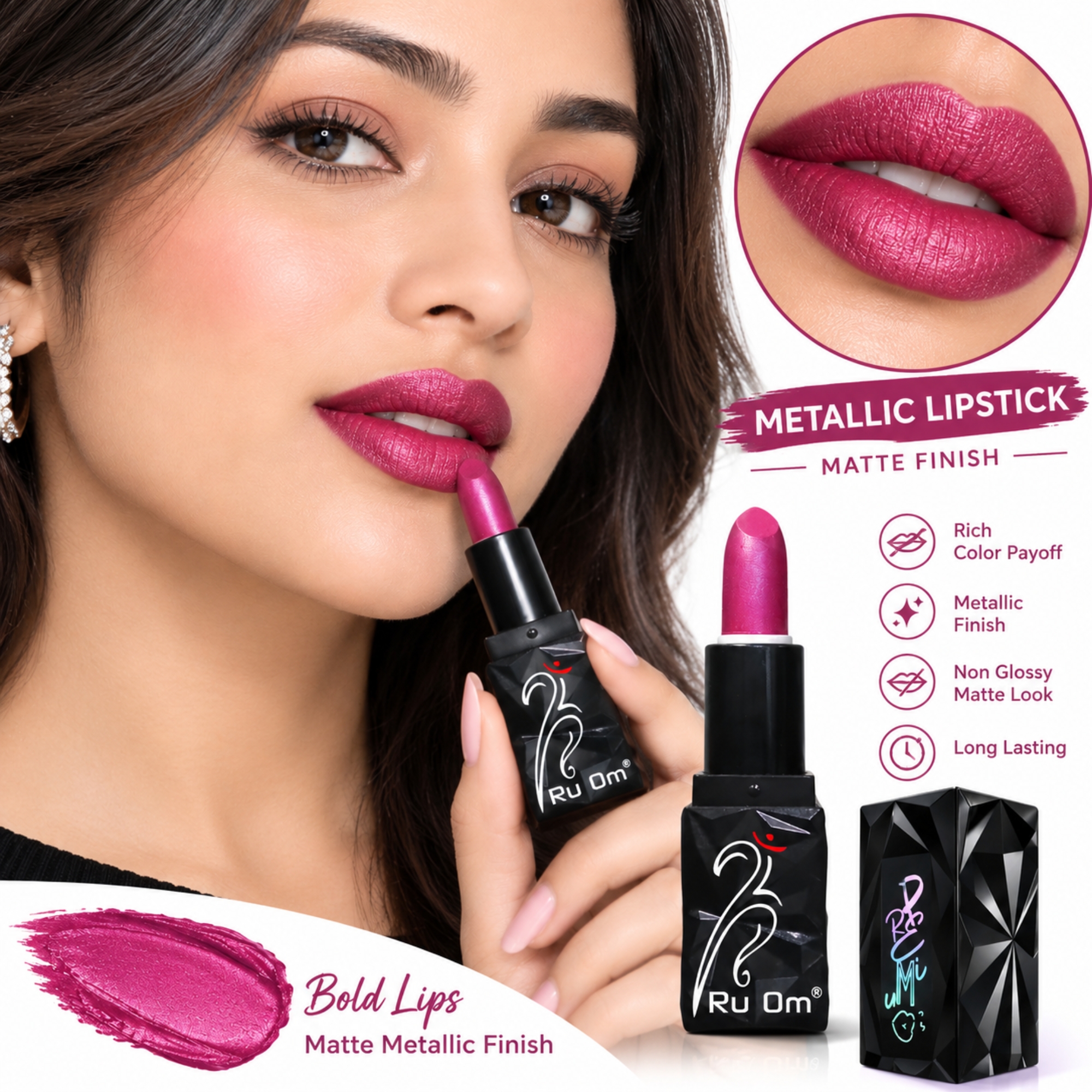 TRUOM Metallic Lipstick β Fuchsia | Long-Lasting Metallic Finish Lip Color - Image 2