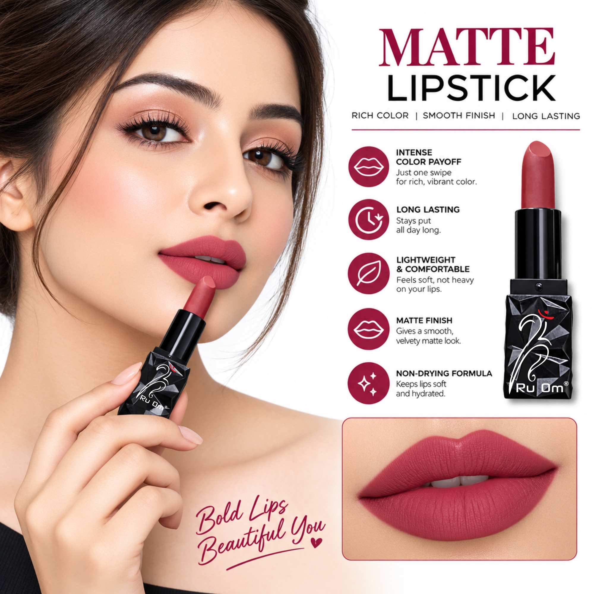 TRUOM Matte Lipstick – Classic Red | Long-Lasting Matte Finish Lip Color - Image 4