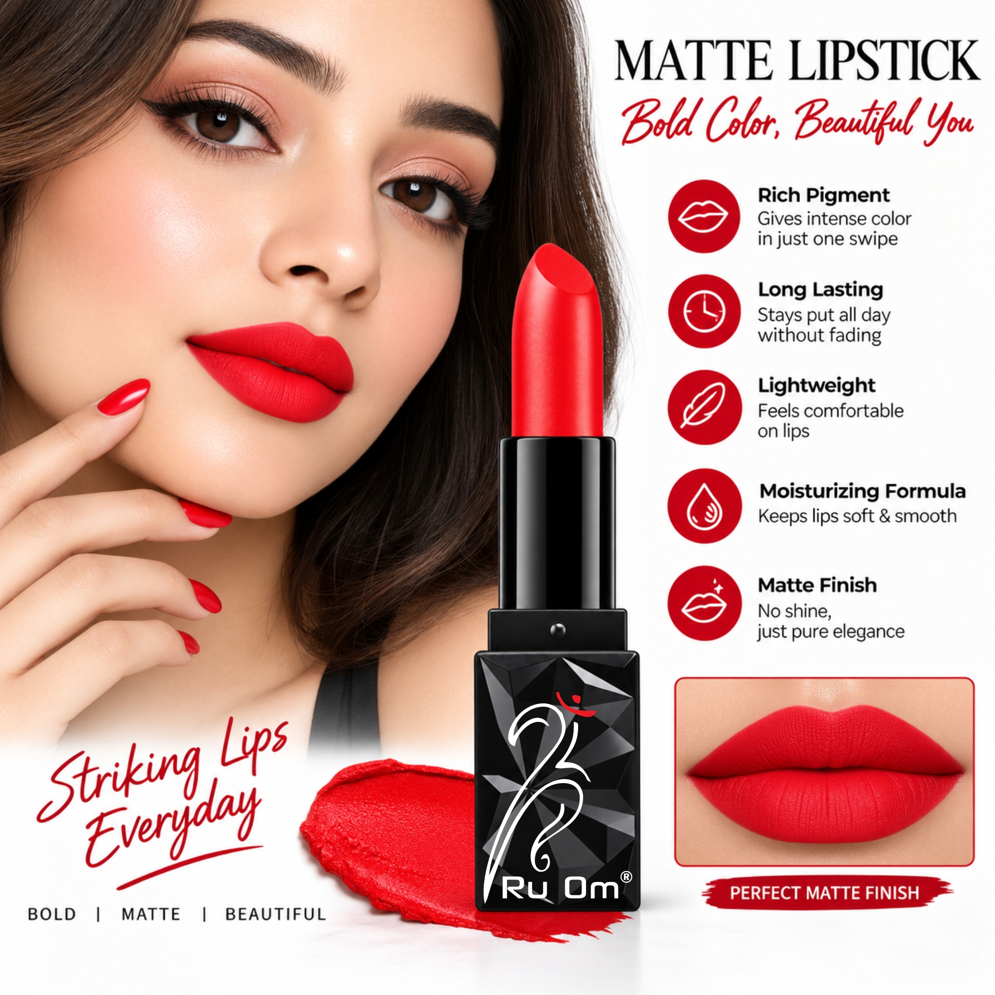 TRUOM Matte Lipstick – Fire Red | Long-Lasting Matte Finish Lip Color - Image 3