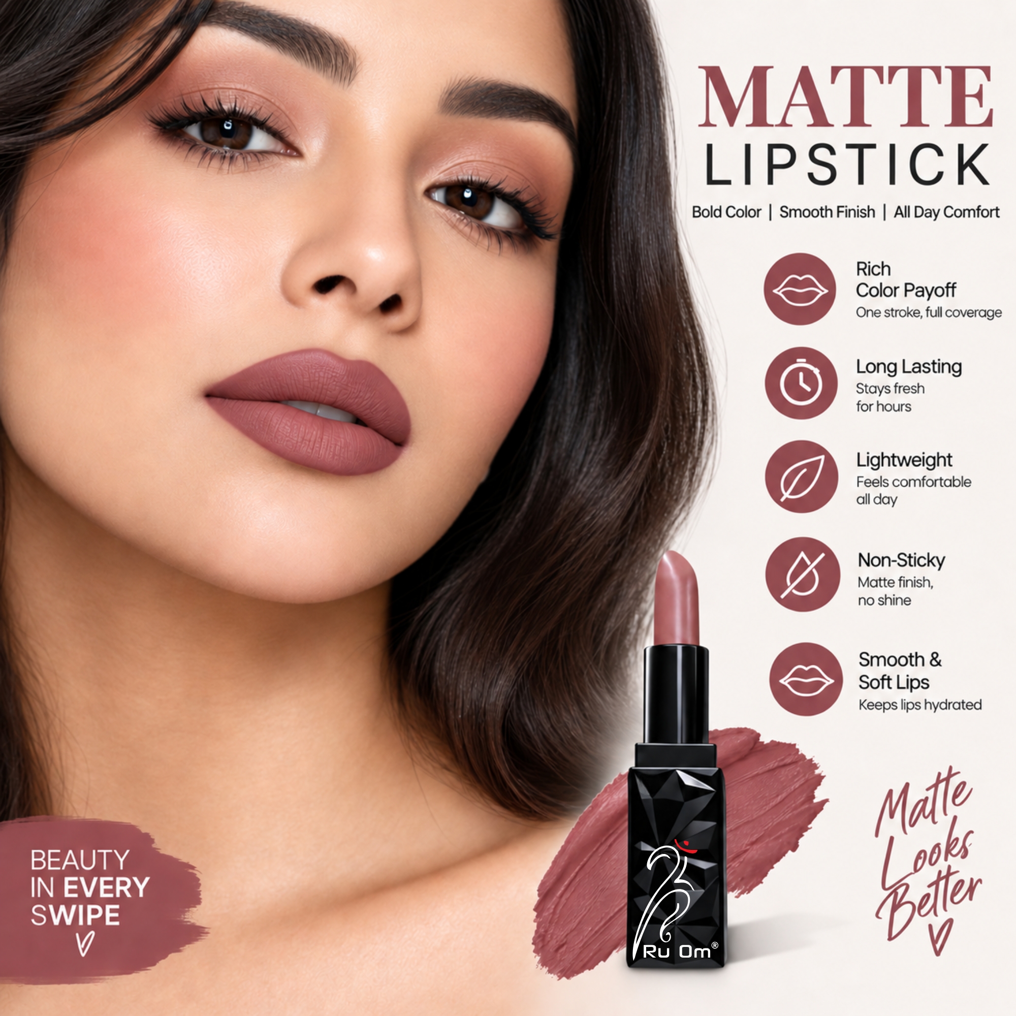 TRUOM Matte Lipstick β Mauve Nude | Long-Lasting Matte Finish Lip Color - Image 5