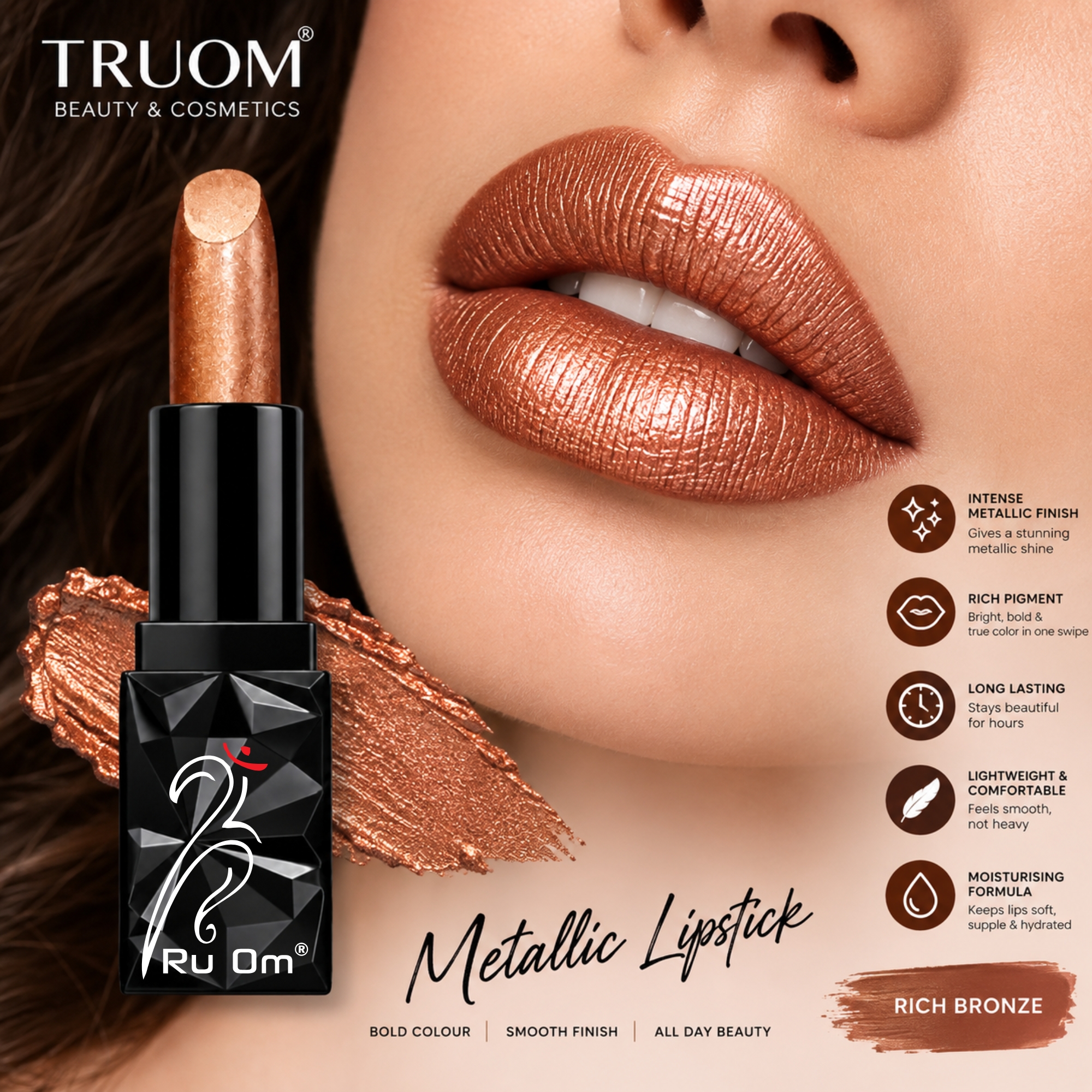 TRUOM Metallic Lipstick β Copper | Long-Lasting Metallic Finish Lip Color - Image 4