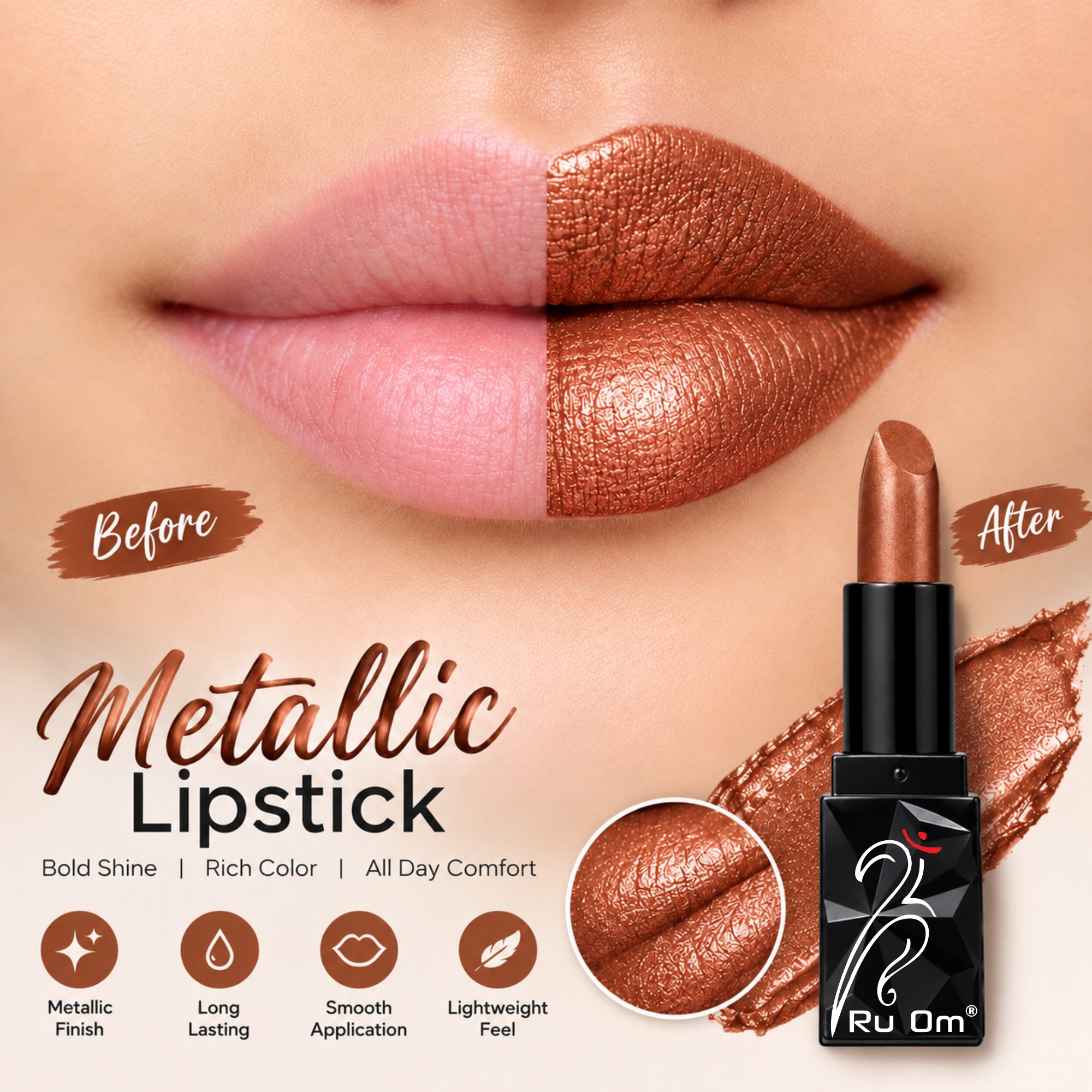 TRUOM Metallic Lipstick β Brown | Long-Lasting Metallic Finish Lip Color - Image 3