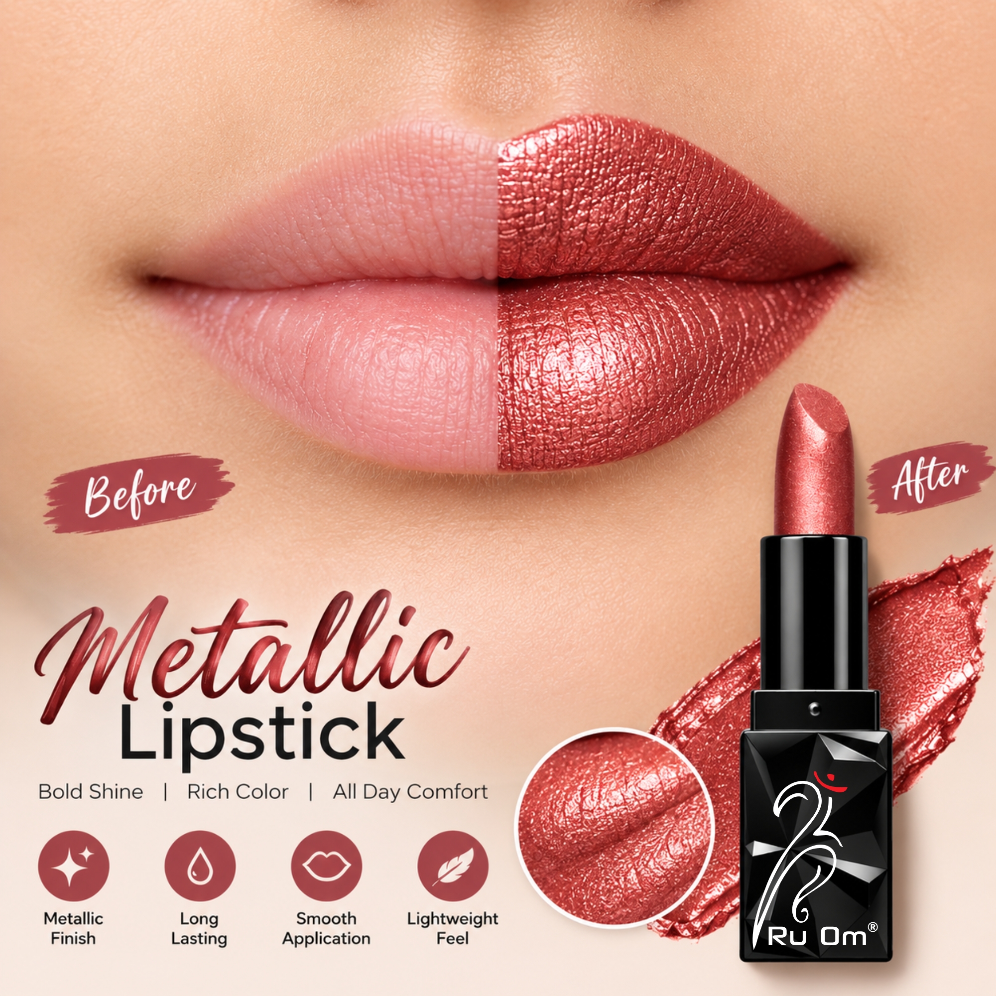 TRUOM Metallic Lipstick – Red | Long-Lasting Metallic Finish Lip Color - Image 3