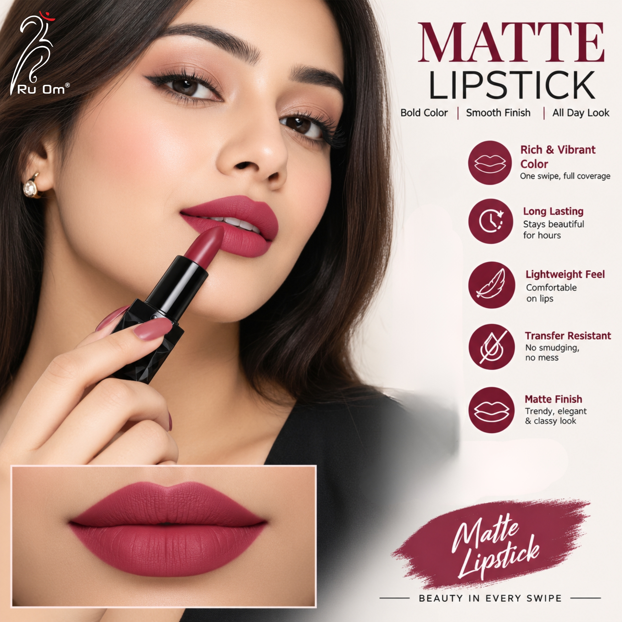 TRUOM Matte Lipstick โ Ruby Red | Long-Lasting Matte Finish Lip Color - Image 5