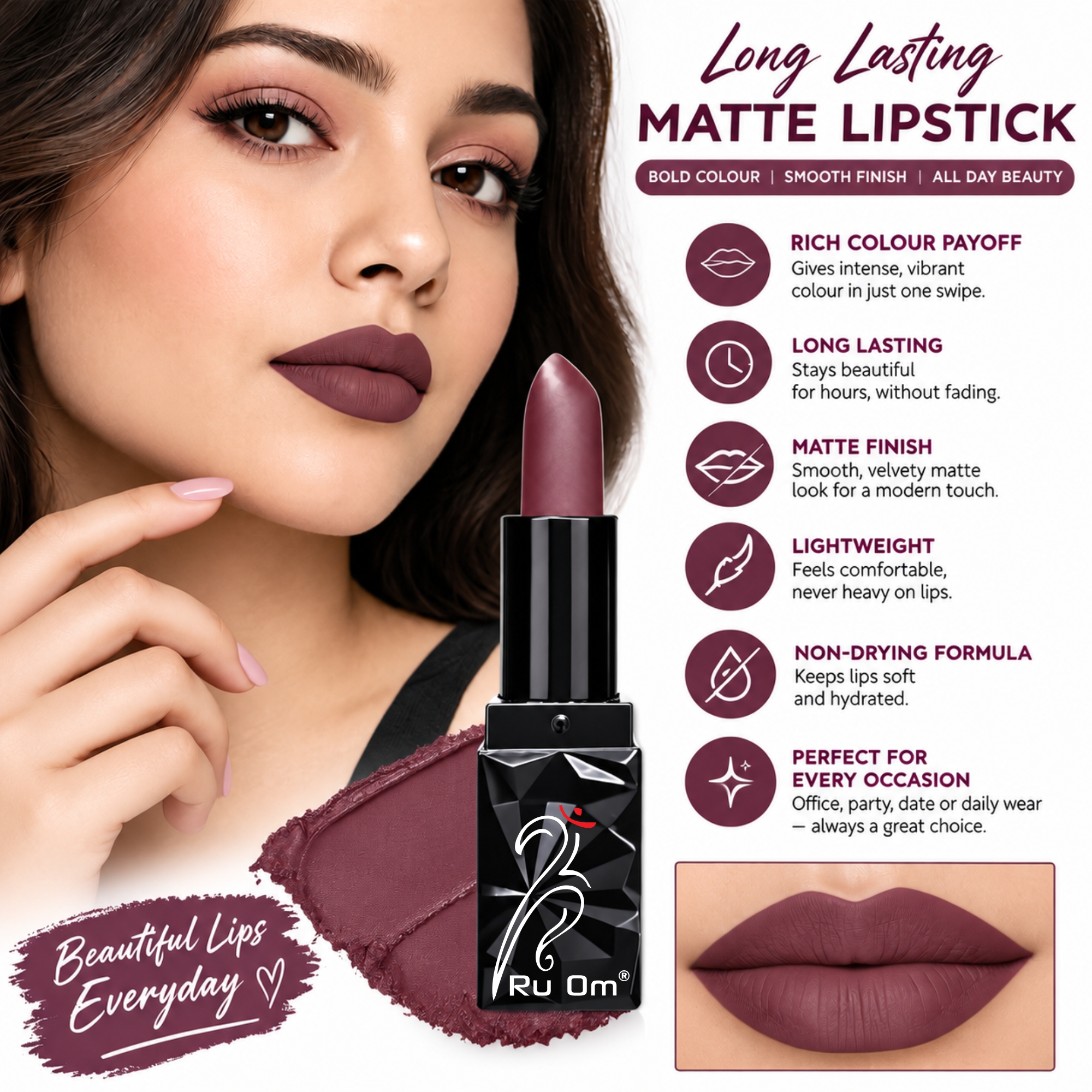 TRUOM Matte Lipstick β Plum Wine | Long-Lasting Matte Finish Lip Color - Image 5