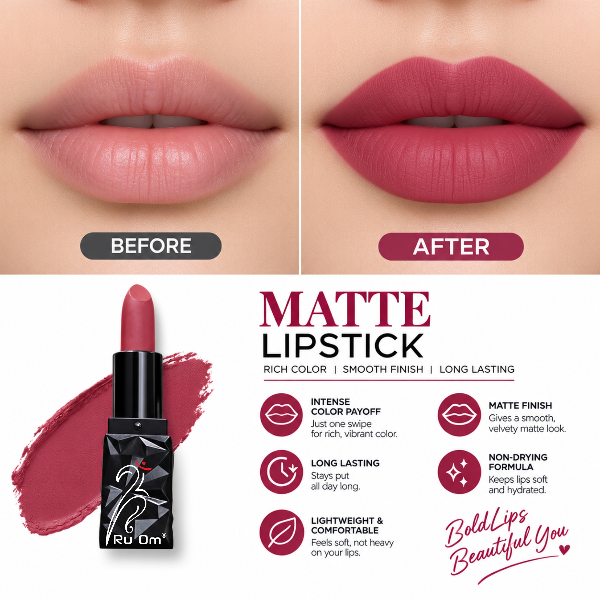 TRUOM Matte Lipstick – Classic Red | Long-Lasting Matte Finish Lip Color - Image 5