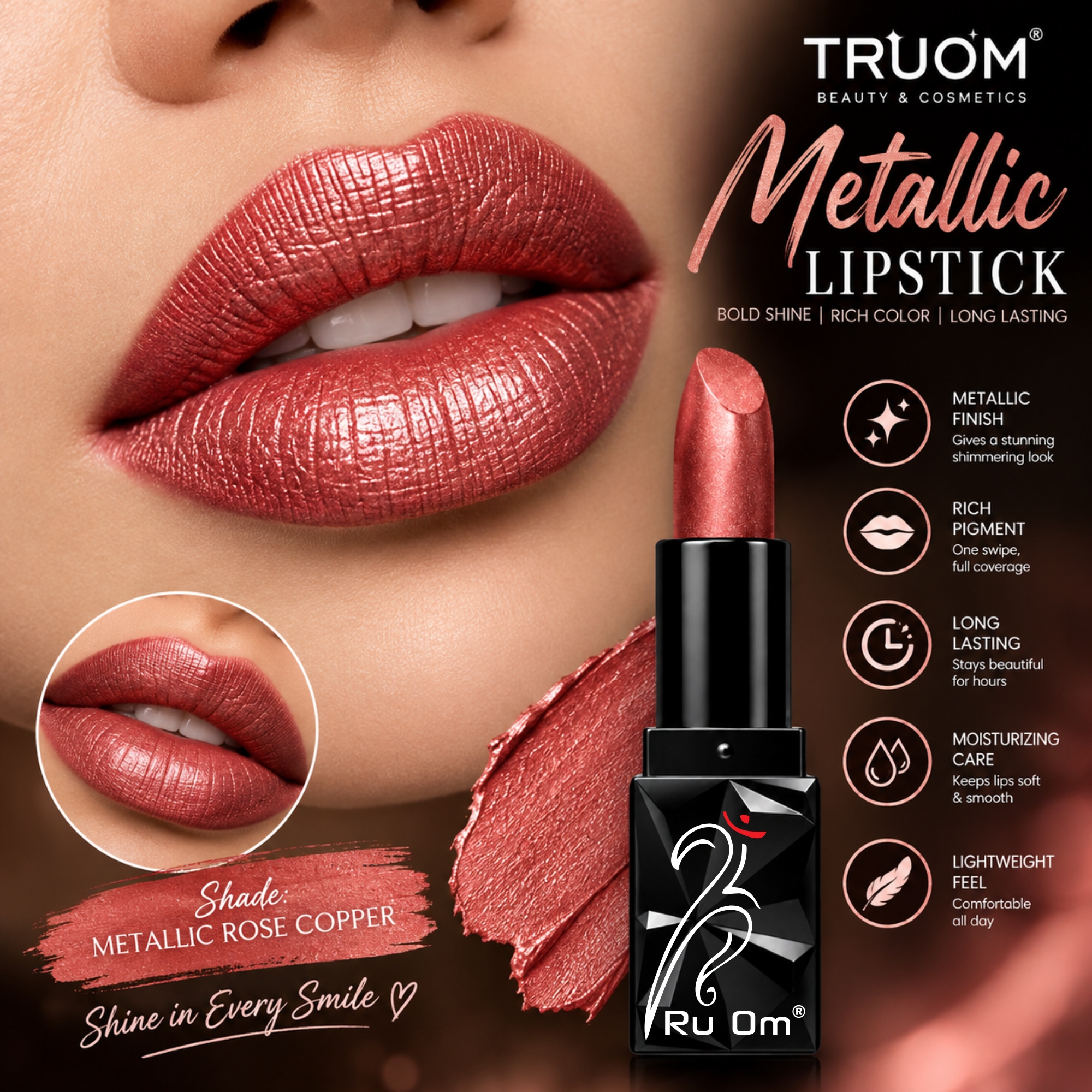 TRUOM Metallic Lipstick – Red | Long-Lasting Metallic Finish Lip Color - Image 4