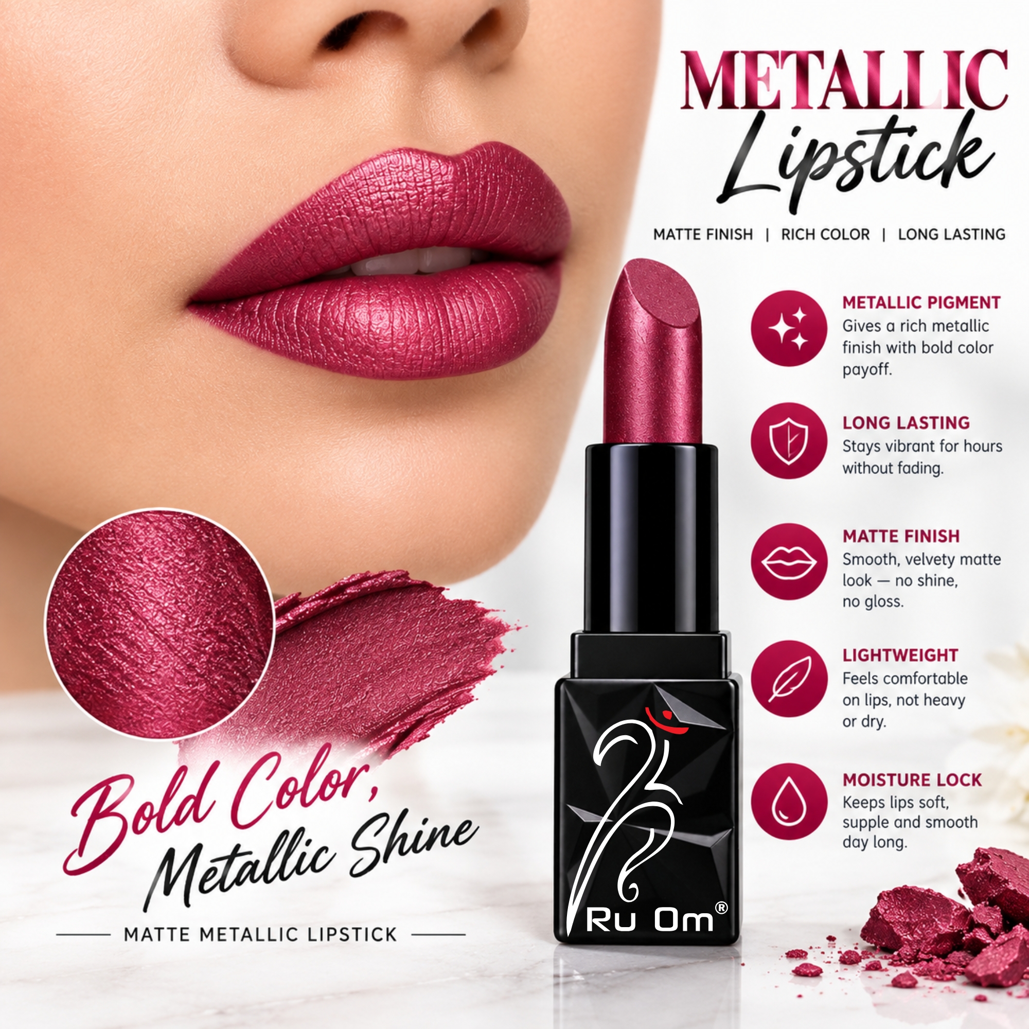 TRUOM Metallic Lipstick β Red Wine | Long-Lasting Metallic Finish Lip Color - Image 5