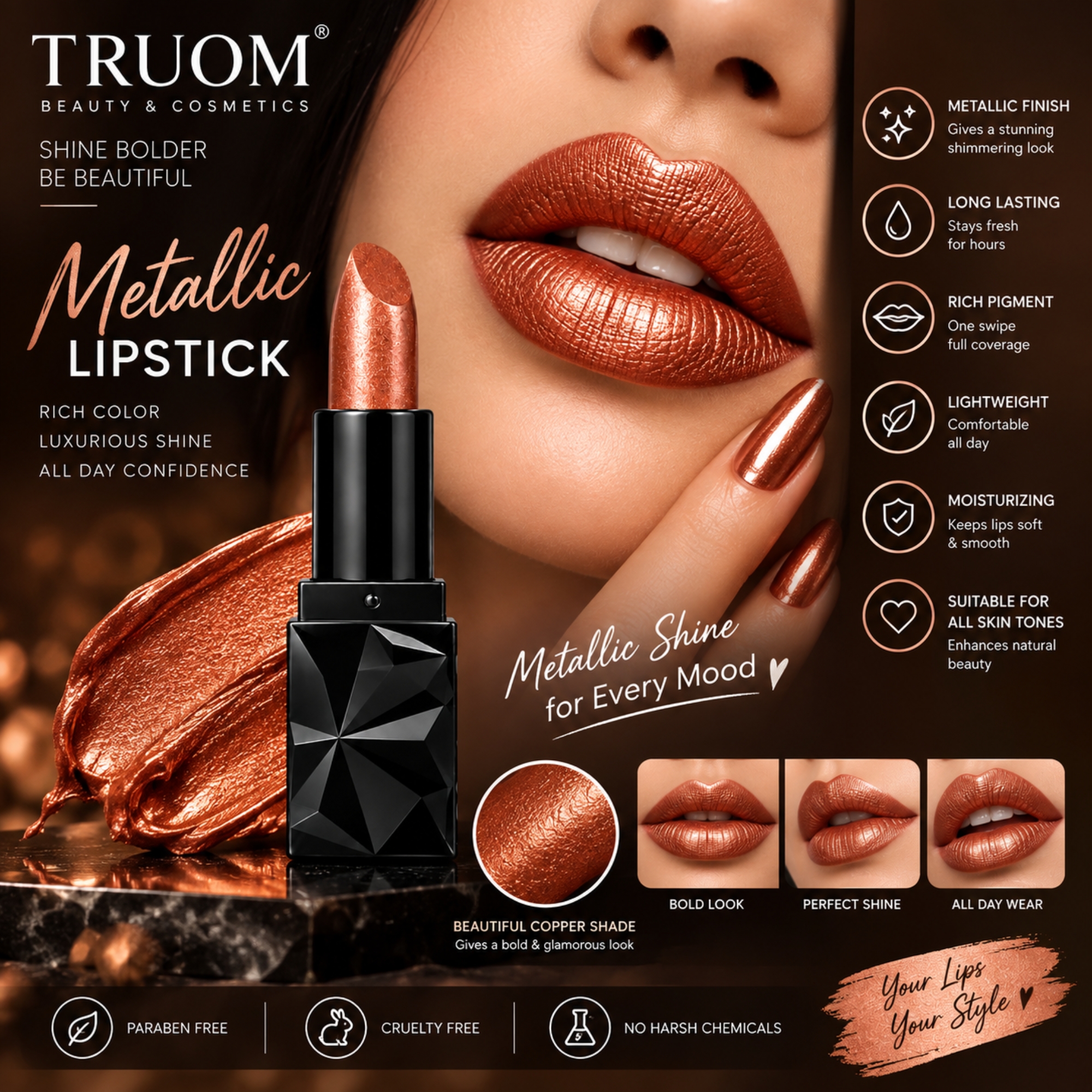 TRUOM Metallic Lipstick β Brown | Long-Lasting Metallic Finish Lip Color - Image 4