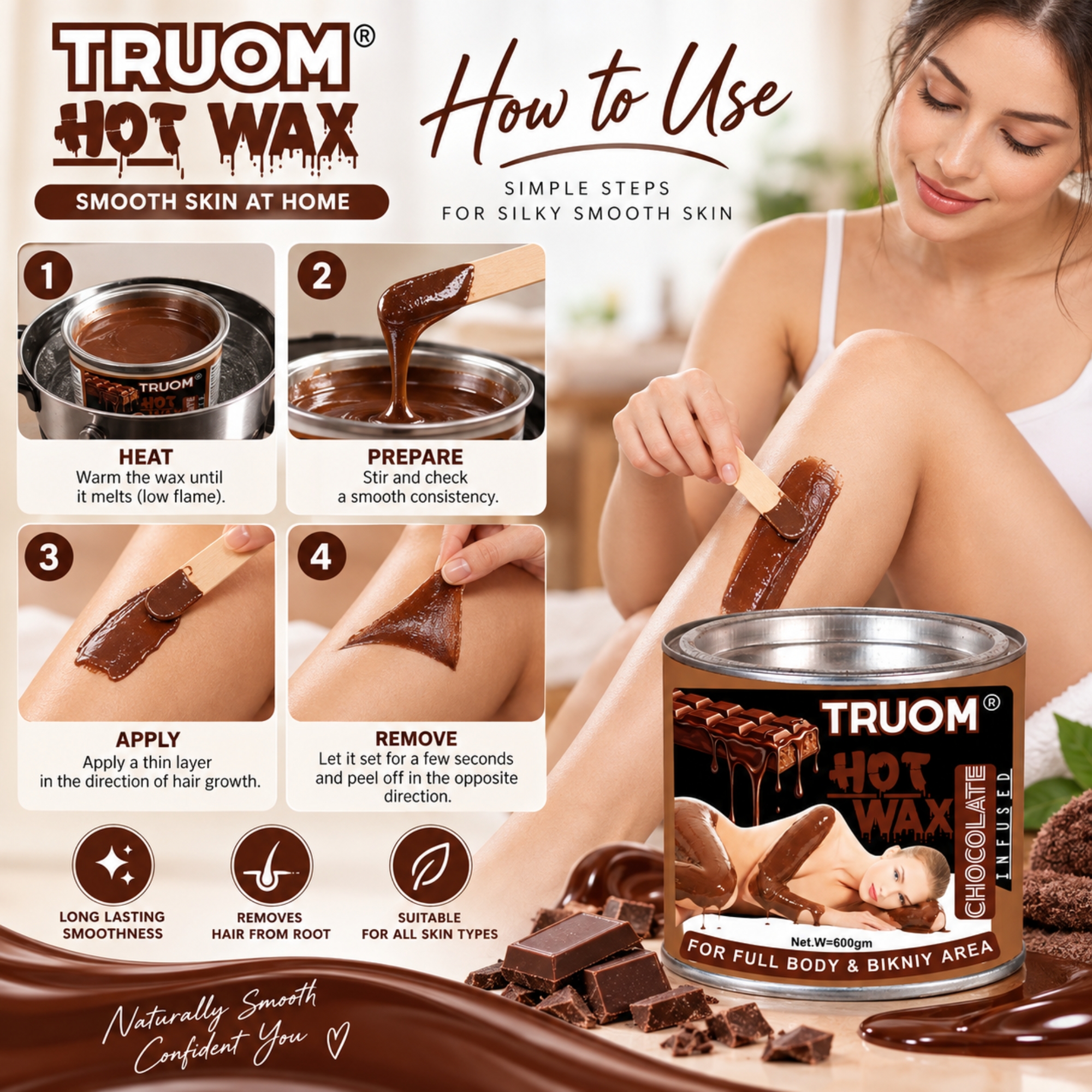 TRUOM Chocolate Wax 600g | Professional Hair Removal Wax for Smooth & Clean Skin - Image 4