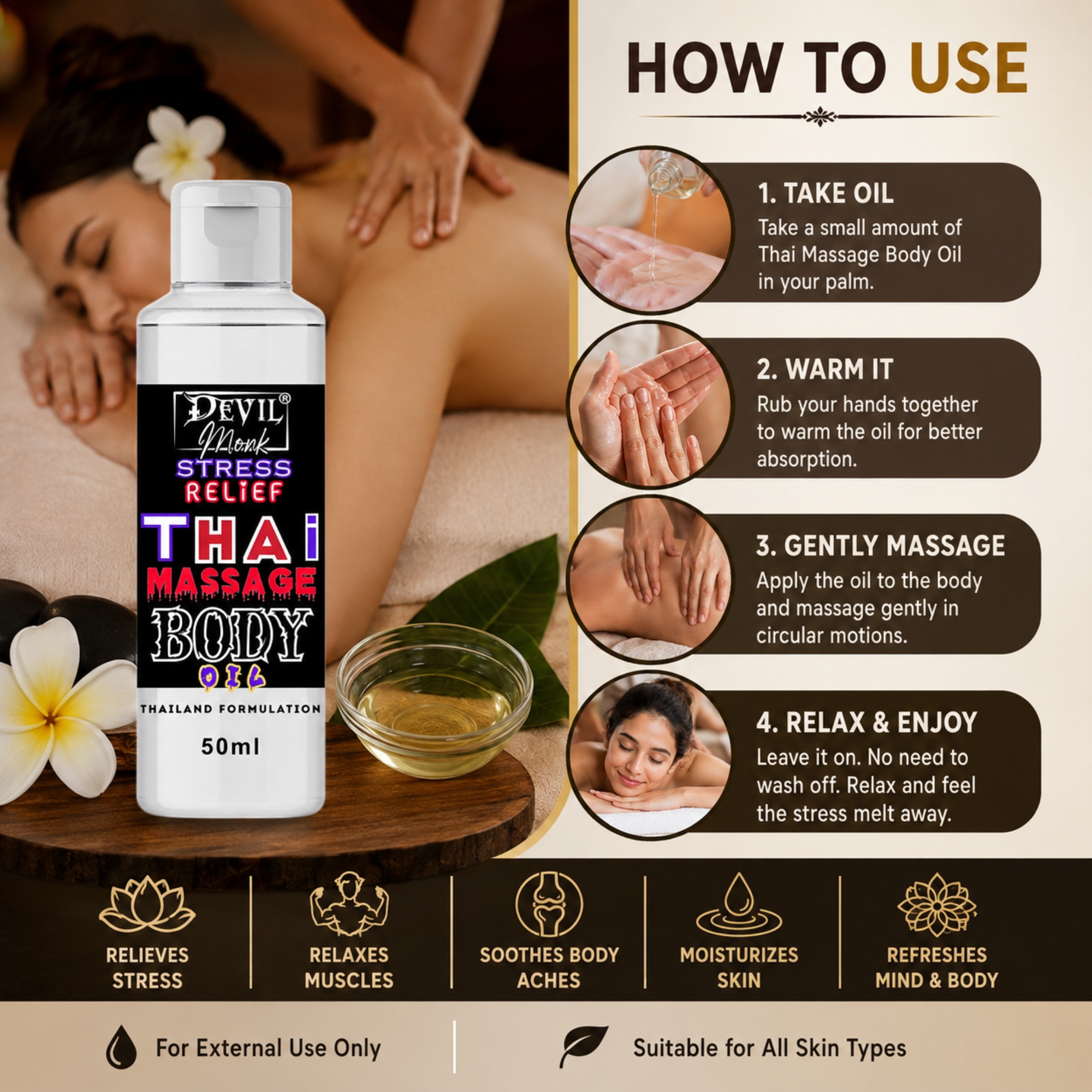 TRUOM Thai Body Massage Oil 50ml | Stress Relief & Relaxing Massage Oil for Men & Women - Image 4